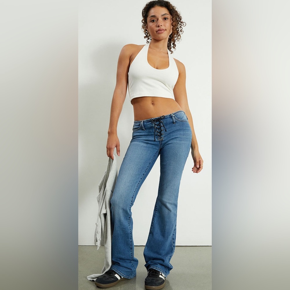 PacSun Medium Blue Lace-Up No Waistband Low Rise Bootcut Jeans